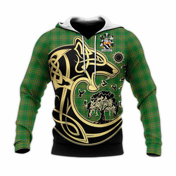 Clements Irish Tartan Knitted Hoodie with Coat of Arms Celtic Wolf Style Unisex Knitted Pullover Hoodie - Tartan Vibes Clothing