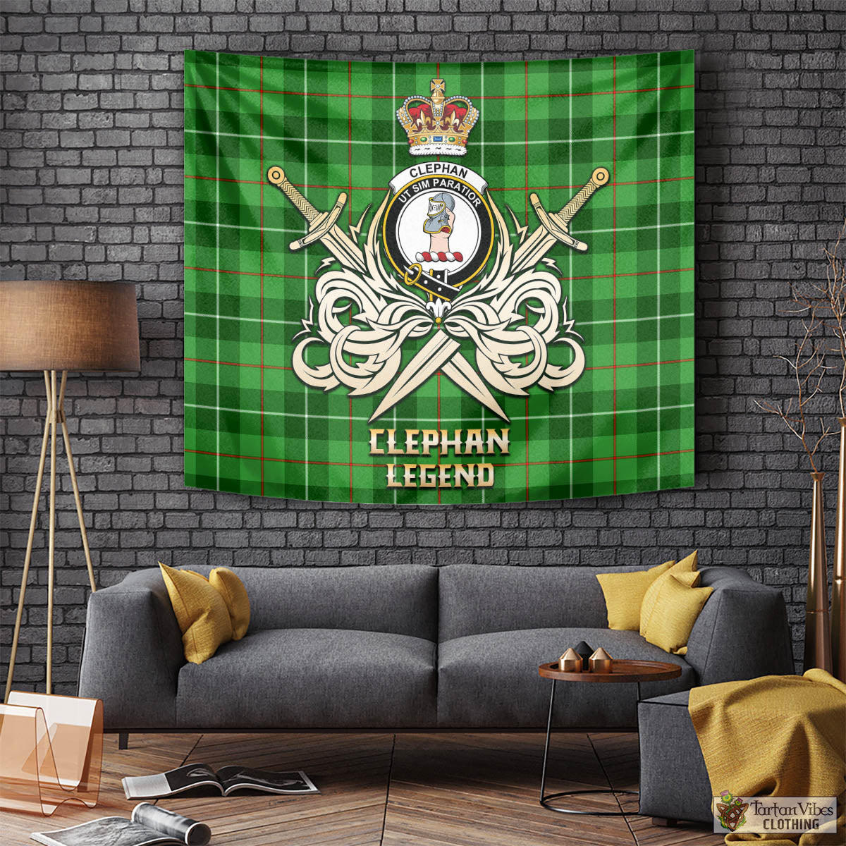 Tartan Vibes Clothing Clephan Tartan Tapestry with Clan Crest and the Golden Sword of Courageous Legacy