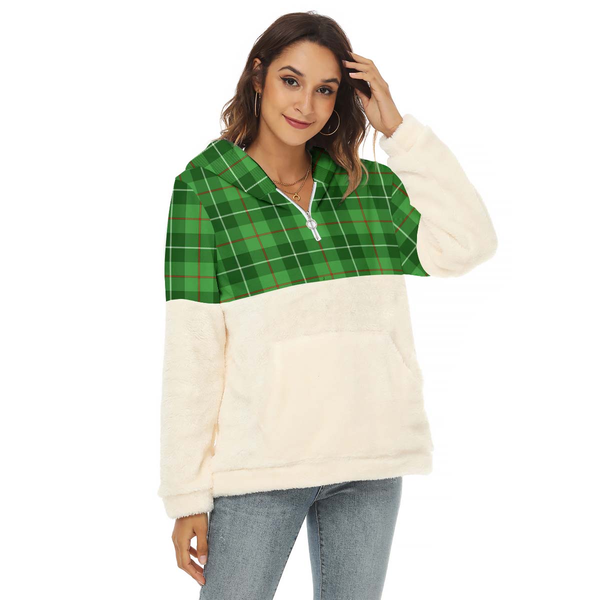 Clephane (Clephan) Tartan Half Style Women's Borg Fleece Hoodie with Half Zip Female - Tartan Vibes Clothing
