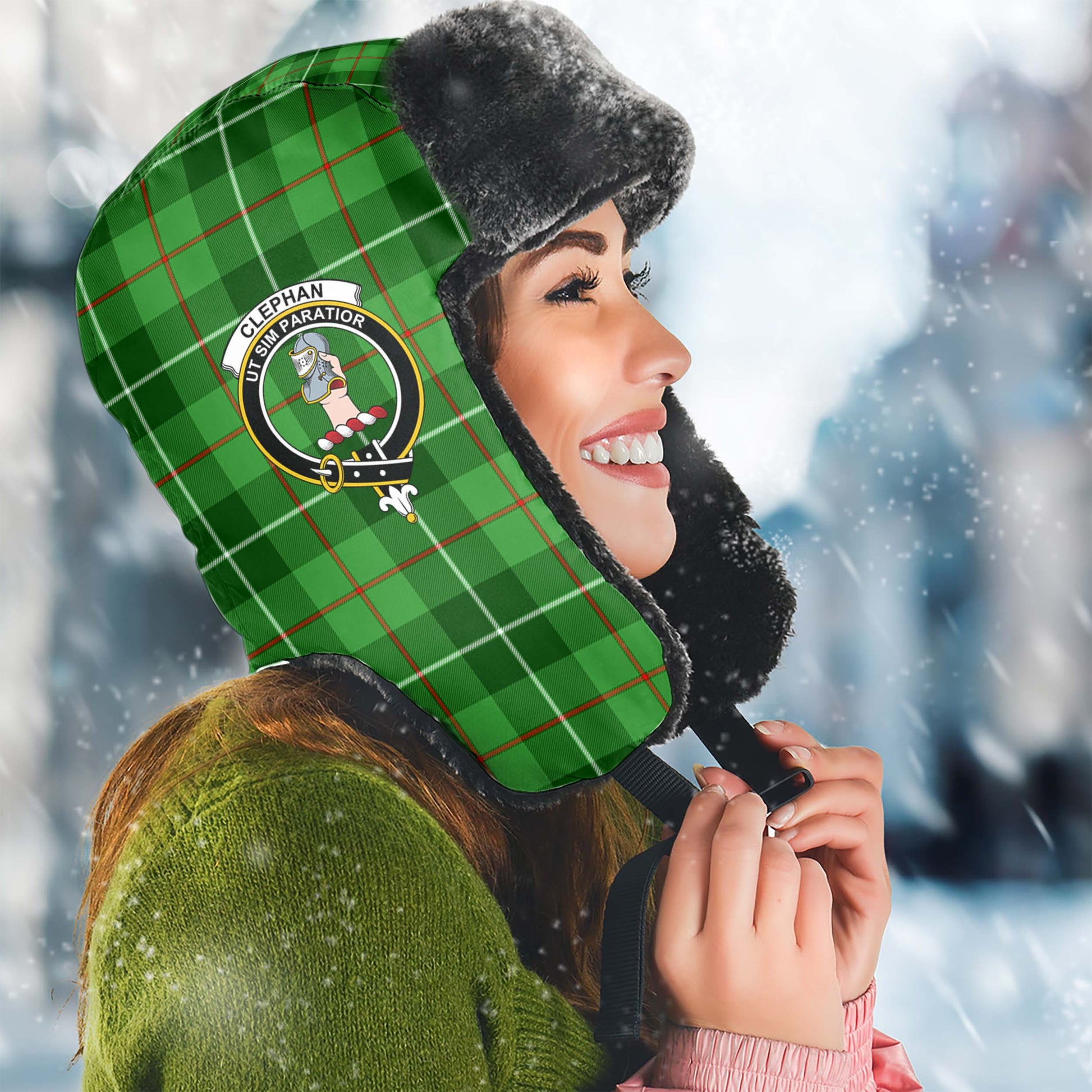 Clephan Tartan Winter Trapper Hat with Family Crest Winter Trapper Hat Universal Fit Circumference 22.8in (58cm) - Tartanvibesclothing