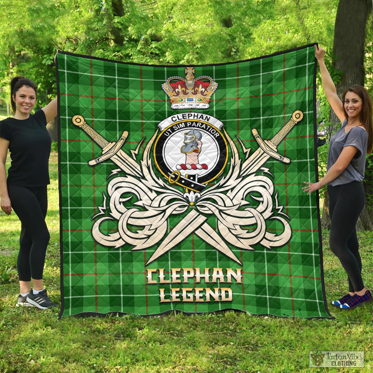 Clephane (Clephan) Tartan Quilt with Clan Crest and the Golden Sword of Courageous Legacy - Tartan Vibes Clothing