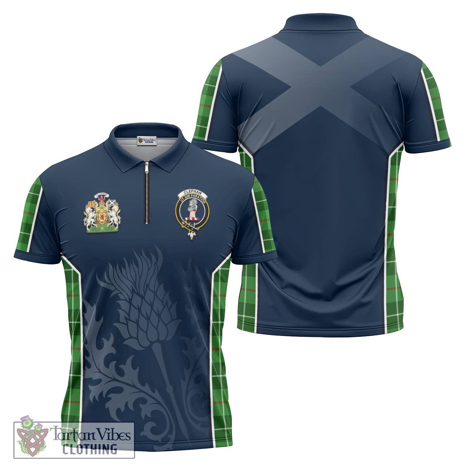 Tartan Vibes Clothing Clephan Tartan Zipper Polo Shirt with Family Crest and Scottish Thistle Vibes Sport Style