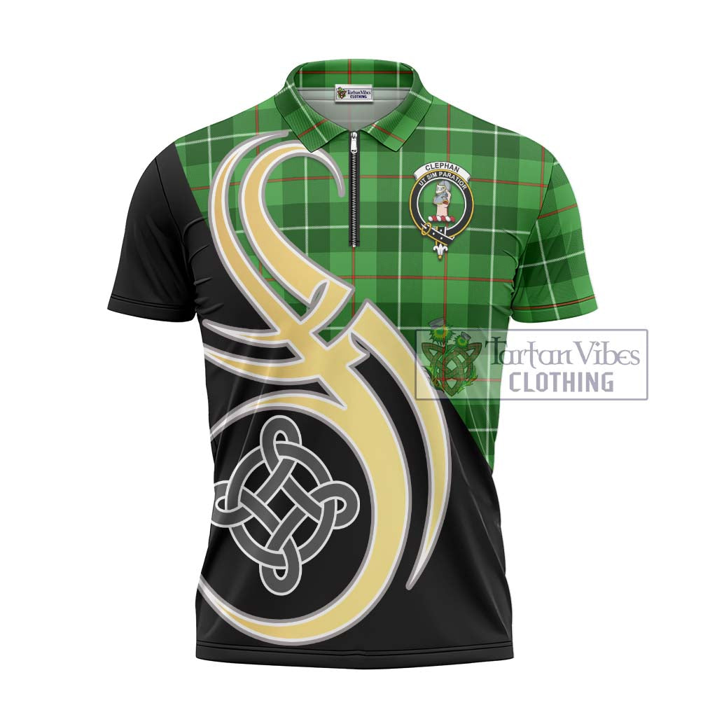 Tartan Vibes Clothing Clephan Tartan Zipper Polo Shirt with Family Crest and Celtic Symbol Style