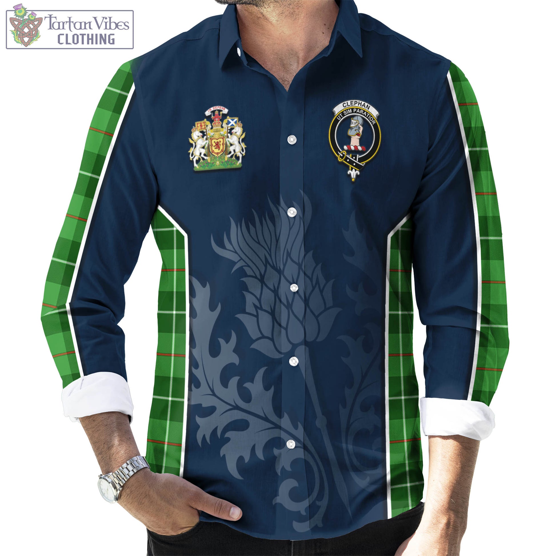 Clephane (Clephan) Tartan Long Sleeve Button Up Shirt with Family Crest and Scottish Thistle Vibes Sport Style - Tartan Vibes Clothing