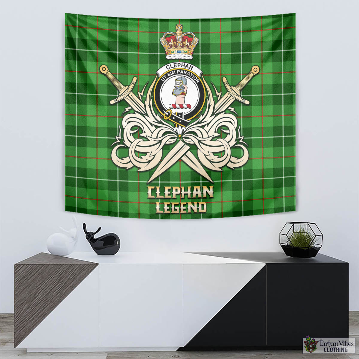 Tartan Vibes Clothing Clephan Tartan Tapestry with Clan Crest and the Golden Sword of Courageous Legacy
