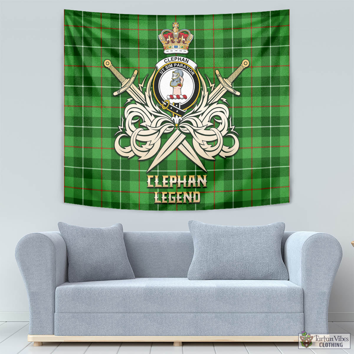 Tartan Vibes Clothing Clephan Tartan Tapestry with Clan Crest and the Golden Sword of Courageous Legacy