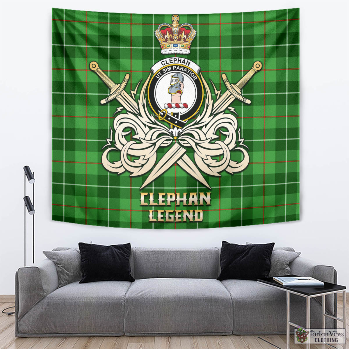 Tartan Vibes Clothing Clephan Tartan Tapestry with Clan Crest and the Golden Sword of Courageous Legacy