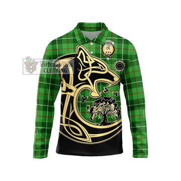 Clephane Tartan Long Sleeve Polo Shirt with Family Crest Celtic Wolf Style Unisex - Tartanvibesclothing Shop
