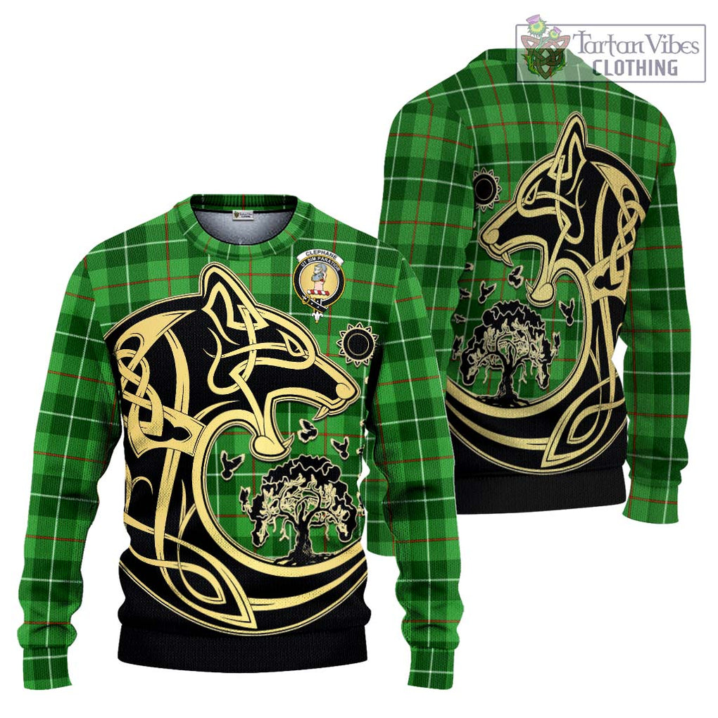 Clephane Tartan Knitted Sweater with Family Crest Celtic Wolf Style Unisex - Tartan Vibes Clothing