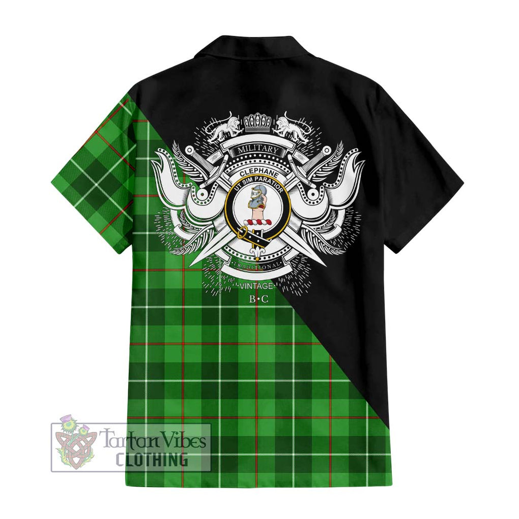 Clephane Tartan Short Sleeve Button Shirt with Family Crest and Military Logo Style - Tartanvibesclothing Shop