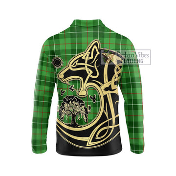 Clephane Tartan Long Sleeve Polo Shirt with Family Crest Celtic Wolf Style - Tartanvibesclothing Shop