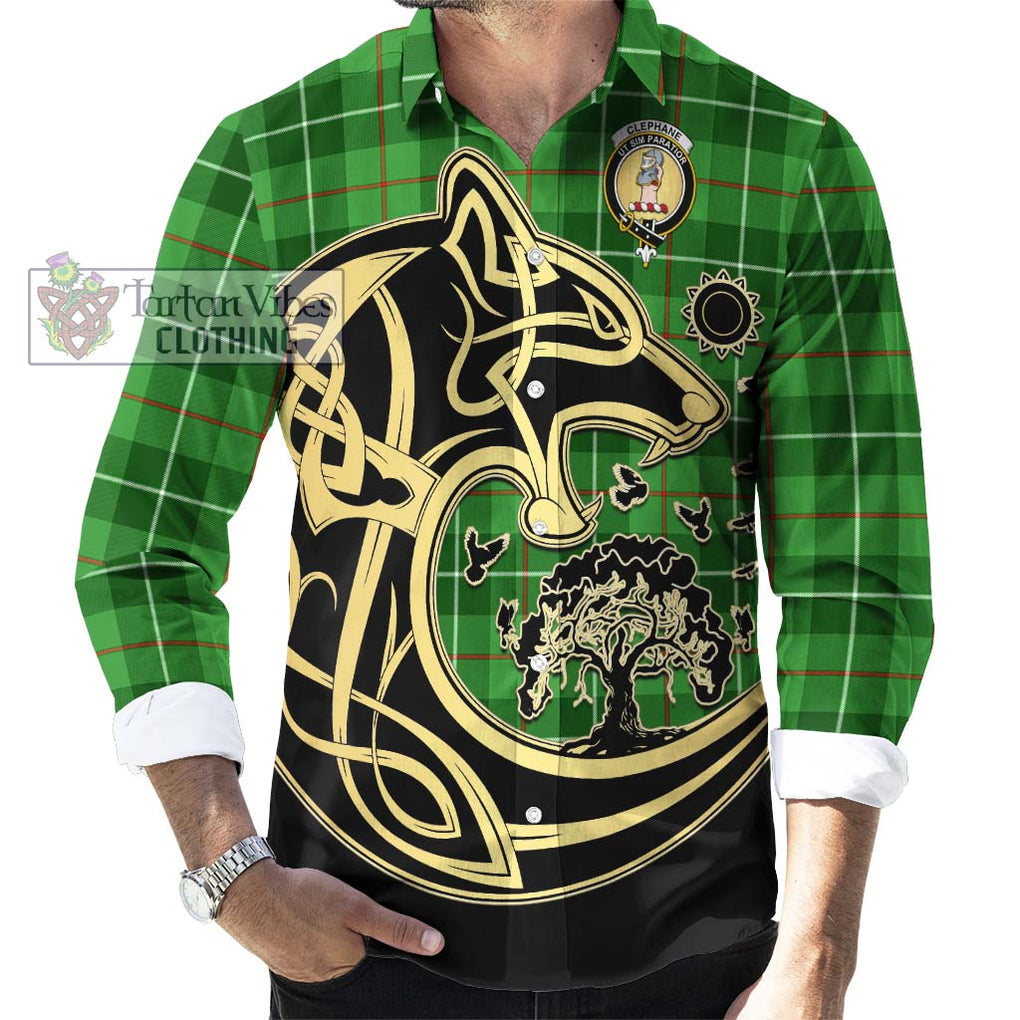 Clephane Tartan Long Sleeve Button Shirt with Family Crest Celtic Wolf Style - Tartan Vibes Clothing