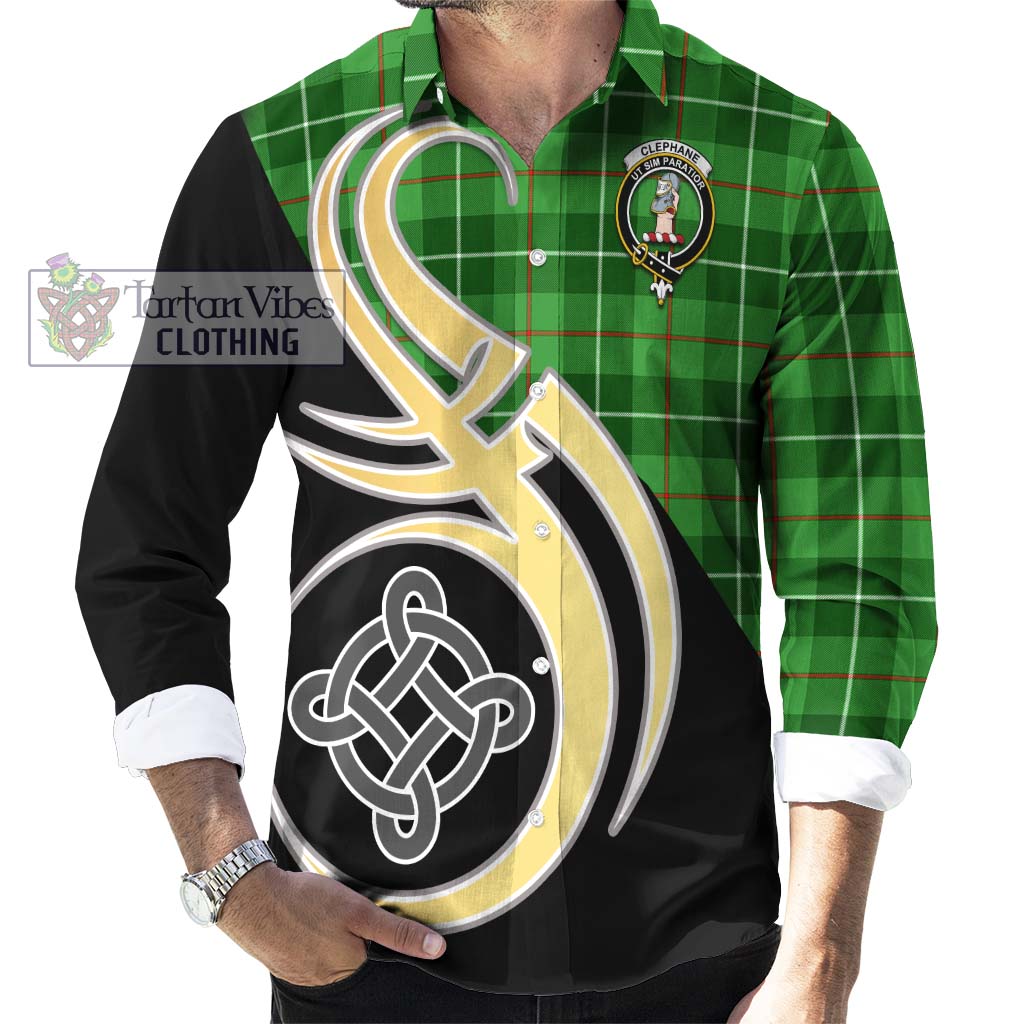 Clephane Tartan Long Sleeve Button Shirt with Family Crest and Celtic Symbol Style - Tartan Vibes Clothing