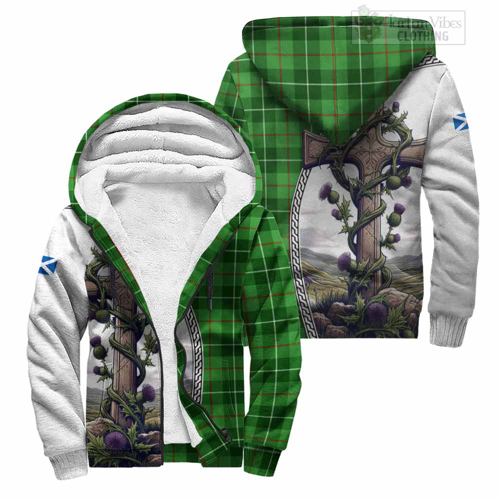 Tartan Vibes Clothing Clephane (Clephan) Tartan Sherpa Hoodie with Family Crest and St. Andrew's Cross Accented by Thistle Vines