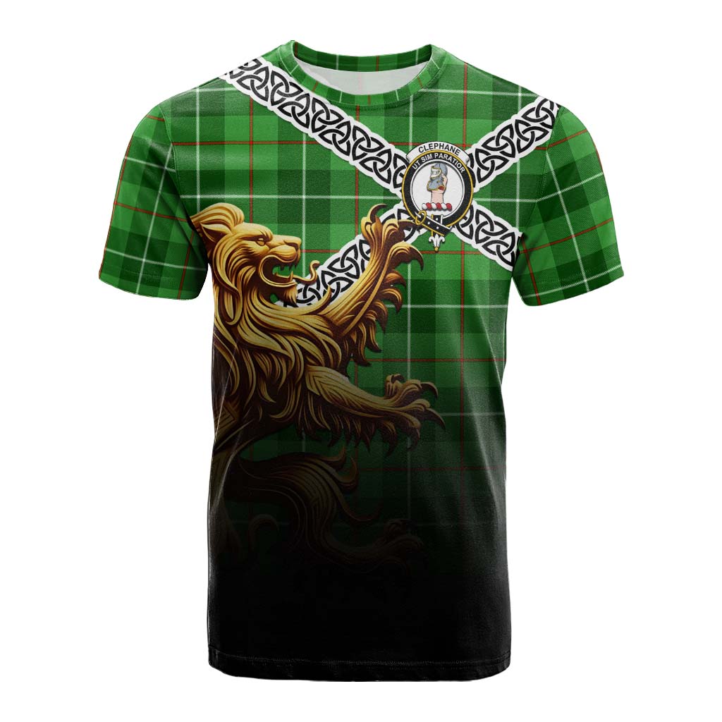 Tartan Vibes Clothing Clephane (Clephan) Crest Tartan Cotton T-shirt with Golden Lion Emblem Celtic Style