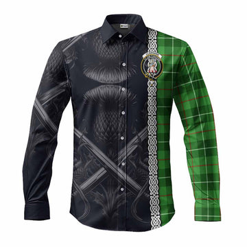 Tartan Vibes Clothing Clephane (Clephan) Tartan Long Sleeve Button Shirt with Family Crest Cross Sword Thistle Celtic Vibes