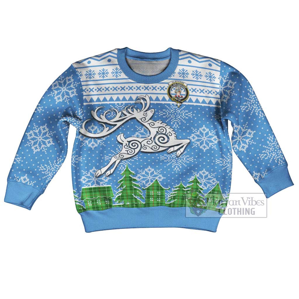Tartan Vibes Clothing Clephane (Clephan) Clan Christmas Kid Ugly Sweater with Tartan and Celtic Raindeer Style