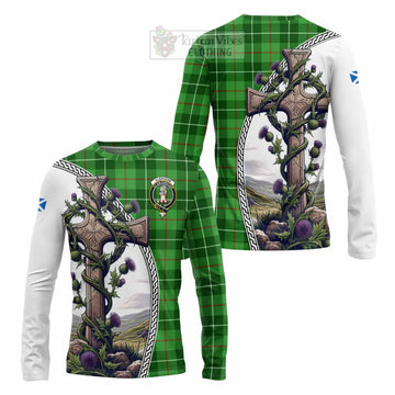 Clephane (Clephan) Tartan Long Sleeve T-Shirt with Family Crest and St. Andrew's Cross Accented by Thistle Vines Unisex - Tartan Vibes Clothing