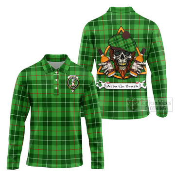 Clephane (Clephan) Tartan Long Sleeve Polo Shirt with Family Crest and Bearded Skull Holding Bottles of Whiskey Unisex - Tartan Vibes Clothing