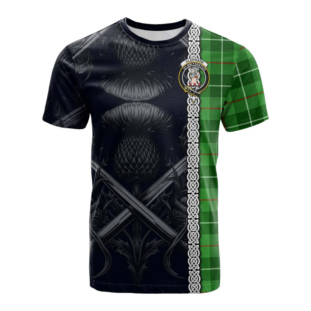 Tartan Vibes Clothing Clephane (Clephan) Tartan Cotton T-shirt with Family Crest Cross Sword Thistle Celtic Vibes
