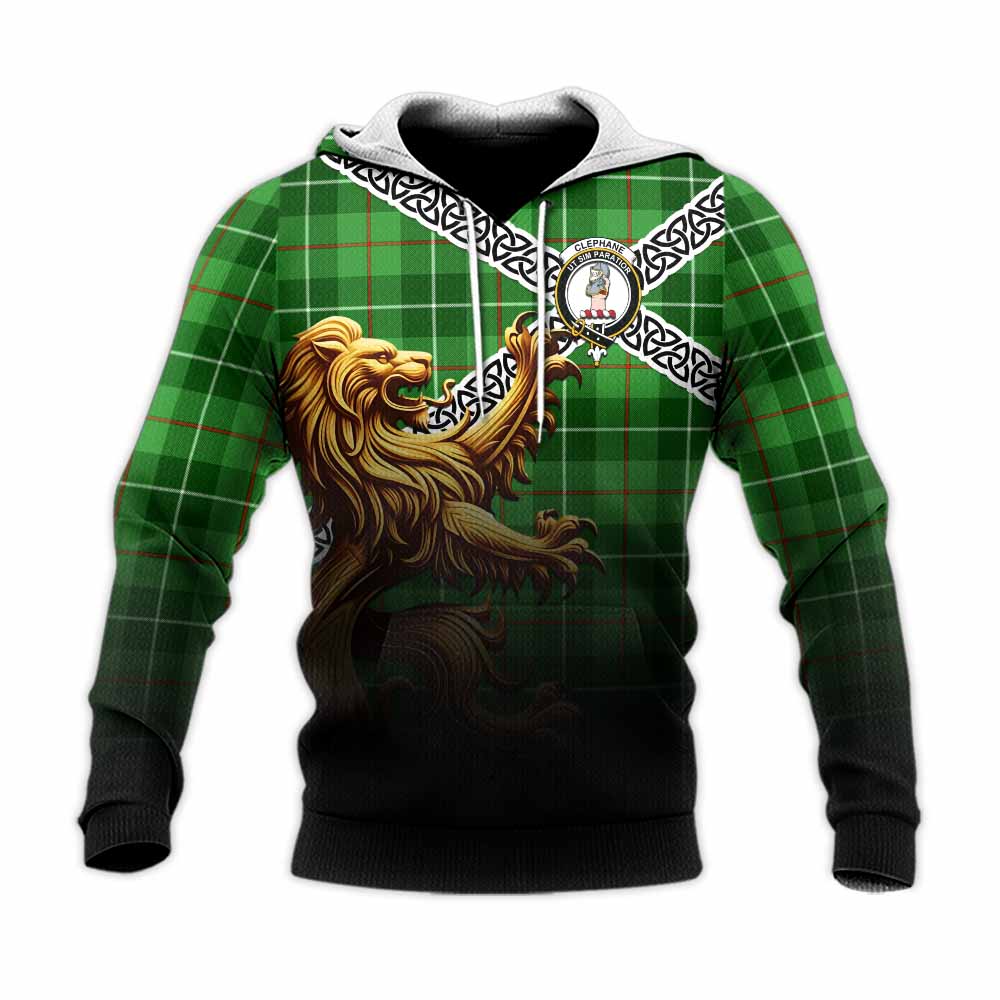 Clephane (Clephan) Crest Tartan Knitted Hoodie with Golden Lion Emblem Celtic Style Unisex Knitted Pullover Hoodie - Tartan Vibes Clothing