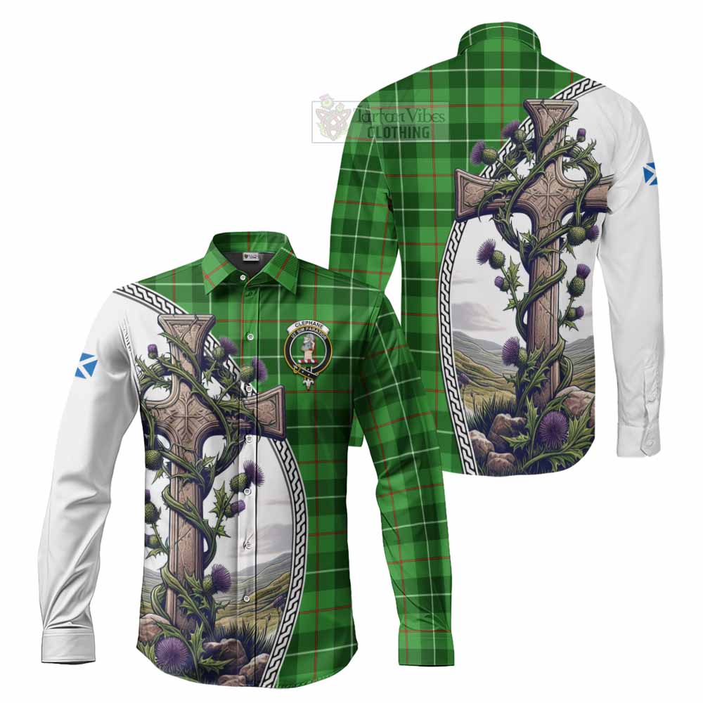 Clephane (Clephan) Tartan Long Sleeve Button Shirt with Family Crest and St. Andrew's Cross Accented by Thistle Vines Men's Shirt S - Tartan Vibes Clothing