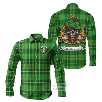 Clephane (Clephan) Tartan Long Sleeve Button Shirt with Family Crest and Bearded Skull Holding Bottles of Whiskey Men's Shirt S - Tartan Vibes Clothing