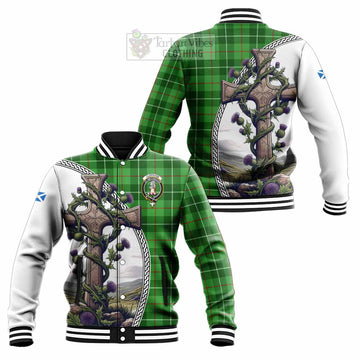 Clephane (Clephan) Tartan Baseball Jacket with Family Crest and St. Andrew's Cross Accented by Thistle Vines Unisex - Tartan Vibes Clothing