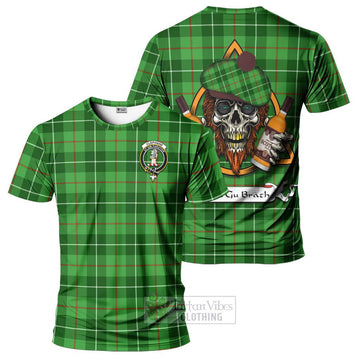Tartan Vibes Clothing Clephane (Clephan) Tartan T-Shirt with Family Crest and Bearded Skull Holding Bottles of Whiskey