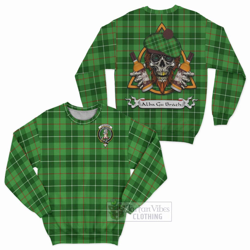 Tartan Vibes Clothing Clephane (Clephan) Tartan Sweatshirt with Family Crest and Bearded Skull Holding Bottles of Whiskey