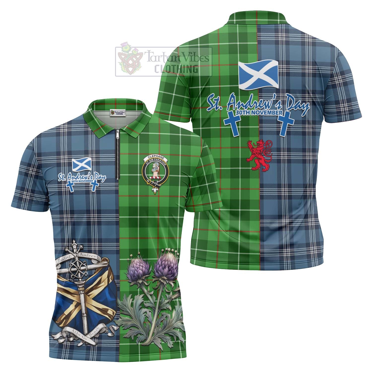 Tartan Vibes Clothing Clephane (Clephan) Tartan Zipper Polo Shirt Happy St. Andrew's Day Half Tartan Style