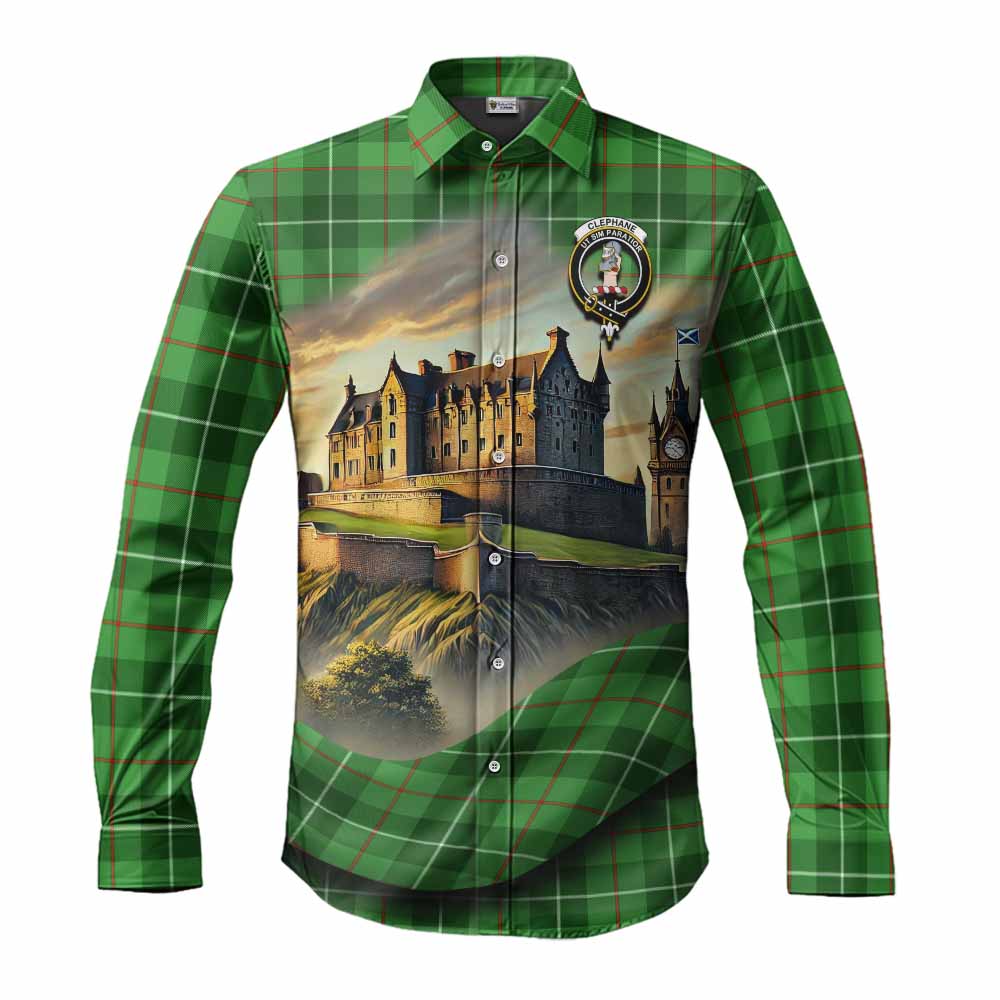 Tartan Vibes Clothing Clephane (Clephan) Tartan Family Crest Long Sleeve Button Shirt with Scottish Ancient Castle Style