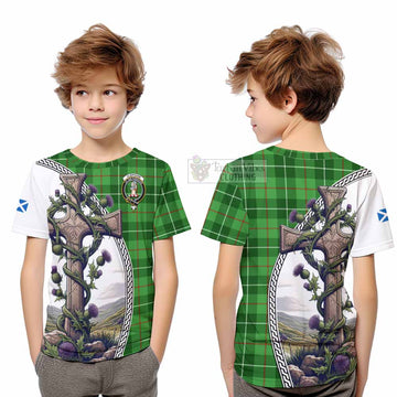 Clephane (Clephan) Tartan Kid T-Shirt with Family Crest and St. Andrew's Cross Accented by Thistle Vines Youth XL Size14 - Tartan Vibes Clothing