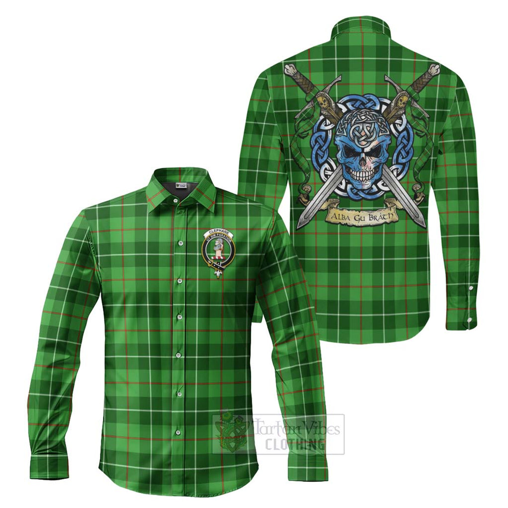 Clephane (Clephan) Tartan Long Sleeve Button Shirt with Family Crest Celtic Skull Style Men's Shirt S - Tartan Vibes Clothing