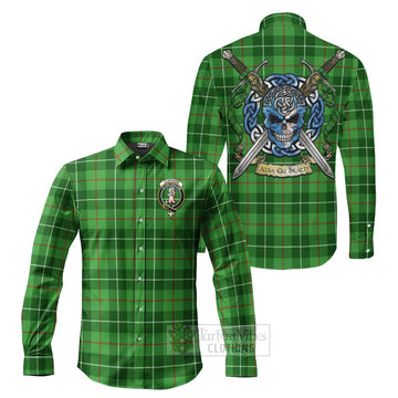 Clephane (Clephan) Tartan Long Sleeve Button Shirt with Family Crest Celtic Skull Style Men's Shirt S - Tartan Vibes Clothing