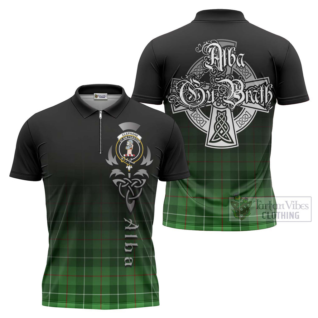 Tartan Vibes Clothing Clephane (Clephan) Tartan Zipper Polo Shirt Featuring Alba Gu Brath Family Crest Celtic Inspired