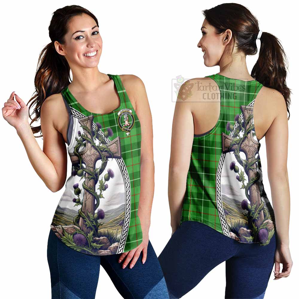 Tartan Vibes Clothing Clephane (Clephan) Tartan Women's Racerback Tanks with Family Crest and St. Andrew's Cross Accented by Thistle Vines