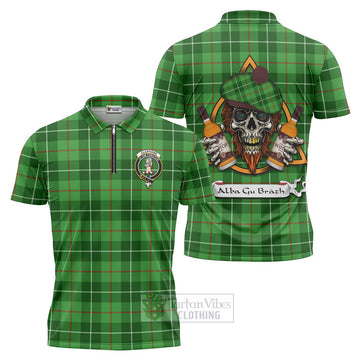 Tartan Vibes Clothing Clephane (Clephan) Tartan Zipper Polo Shirt with Family Crest and Bearded Skull Holding Bottles of Whiskey
