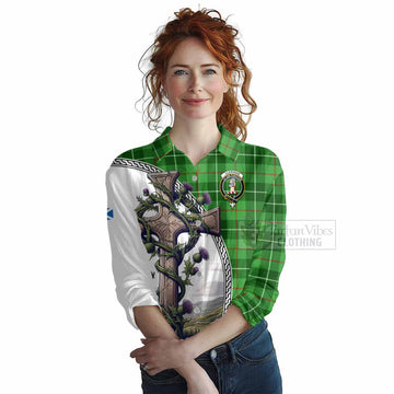 Tartan Vibes Clothing Clephane (Clephan) Tartan Women's Casual Shirt with Family Crest and St. Andrew's Cross Accented by Thistle Vines