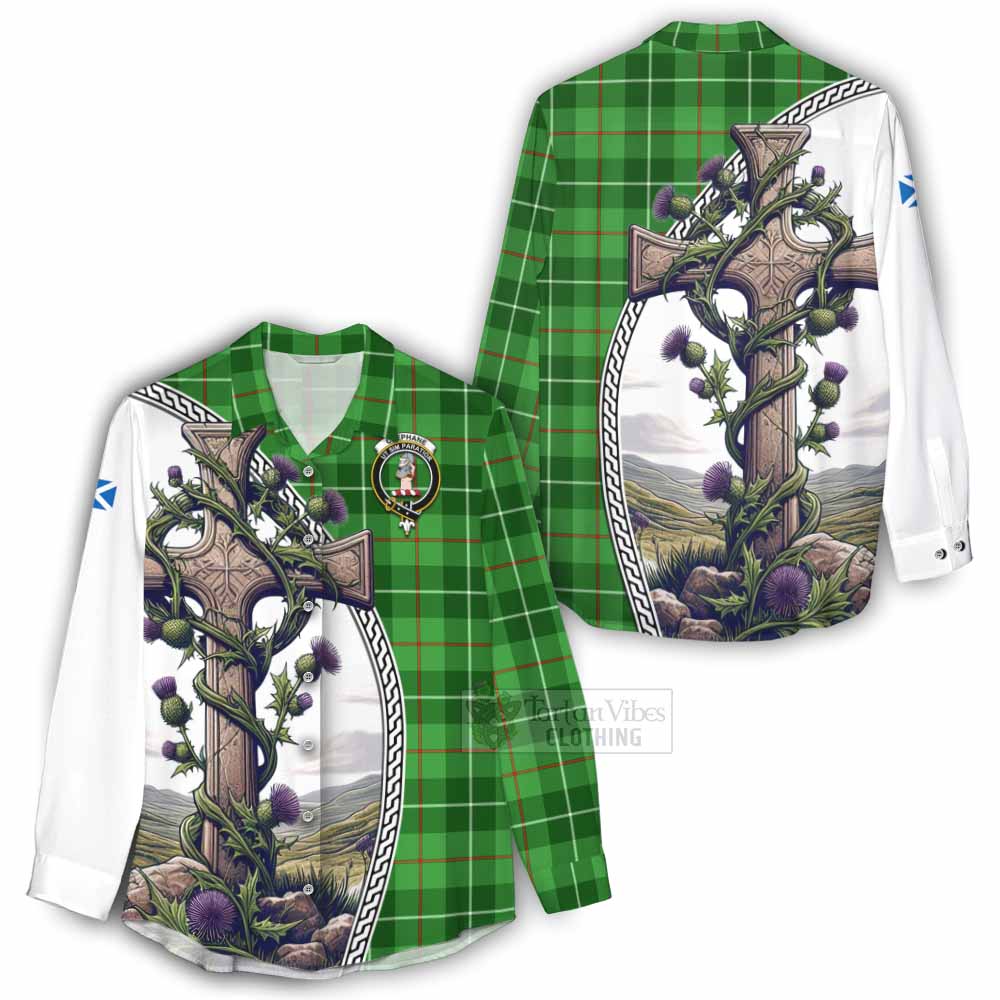 Tartan Vibes Clothing Clephane (Clephan) Tartan Women's Casual Shirt with Family Crest and St. Andrew's Cross Accented by Thistle Vines