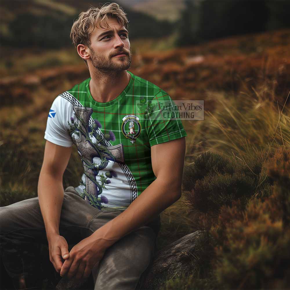 Tartan Vibes Clothing Clephane (Clephan) Agnew Tartan T-Shirt with Family Crest and St. Andrew's Cross Accented by Thistle Vines