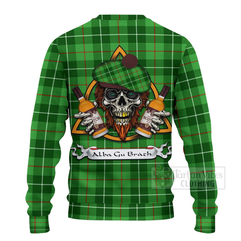 Tartan Vibes Clothing Clephane (Clephan) Tartan Knitted Sweater with Family Crest and Bearded Skull Holding Bottles of Whiskey
