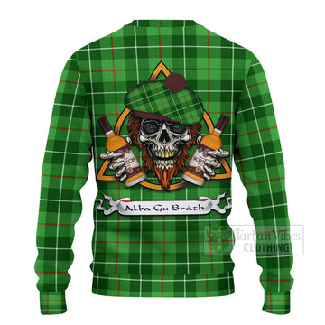 Tartan Vibes Clothing Clephane (Clephan) Tartan Knitted Sweater with Family Crest and Bearded Skull Holding Bottles of Whiskey