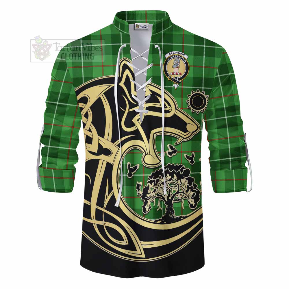 Clephane (Clephan) Tartan Ghillie Kilt Shirt with Family Crest Celtic Wolf Style - Tartan Vibes Clothing