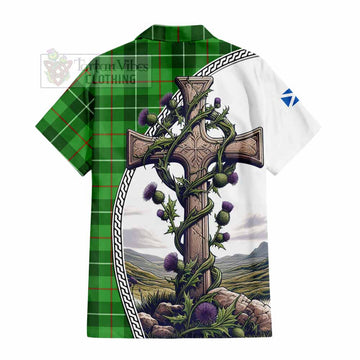 Clephane (Clephan) Tartan Hawaiian Shirt with Family Crest and St. Andrew's Cross Accented by Thistle Vines - Tartan Vibes Clothing