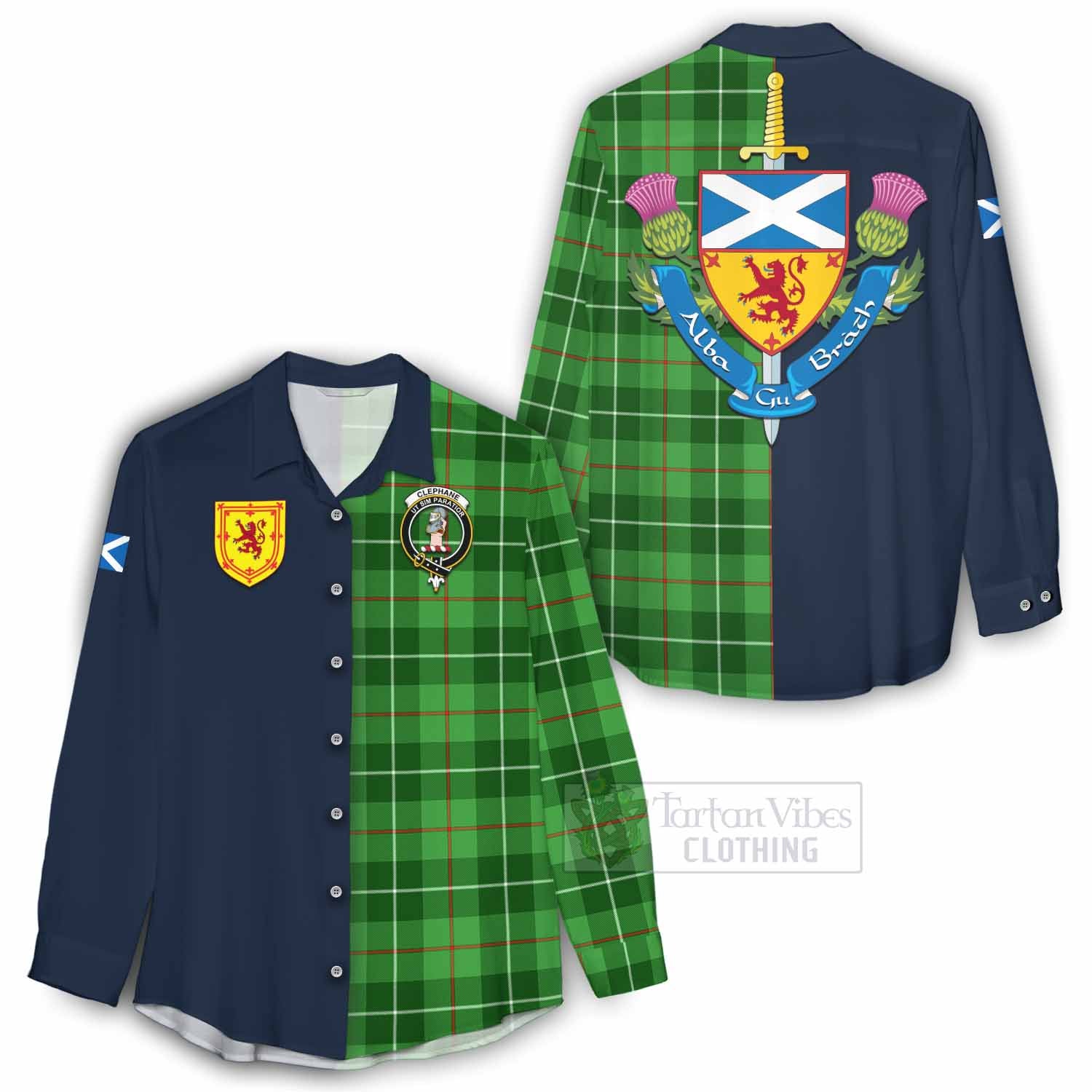 Tartan Vibes Clothing Clephane (Clephan) Tartan Women's Casual Shirt Alba with Scottish Lion Royal Arm Half Style