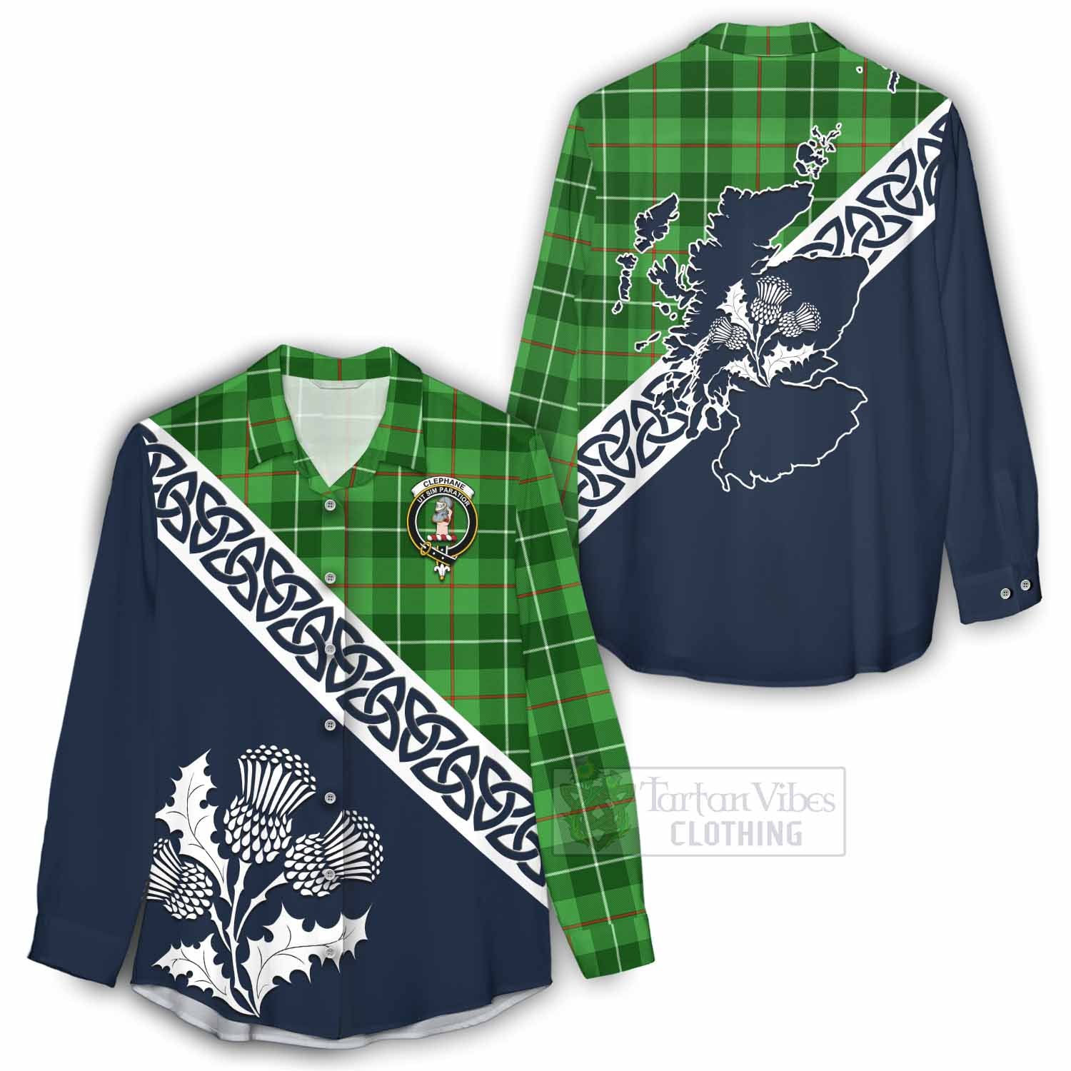 Tartan Vibes Clothing Clephane (Clephan) Tartan Women's Casual Shirt Featuring Thistle and Scotland Map