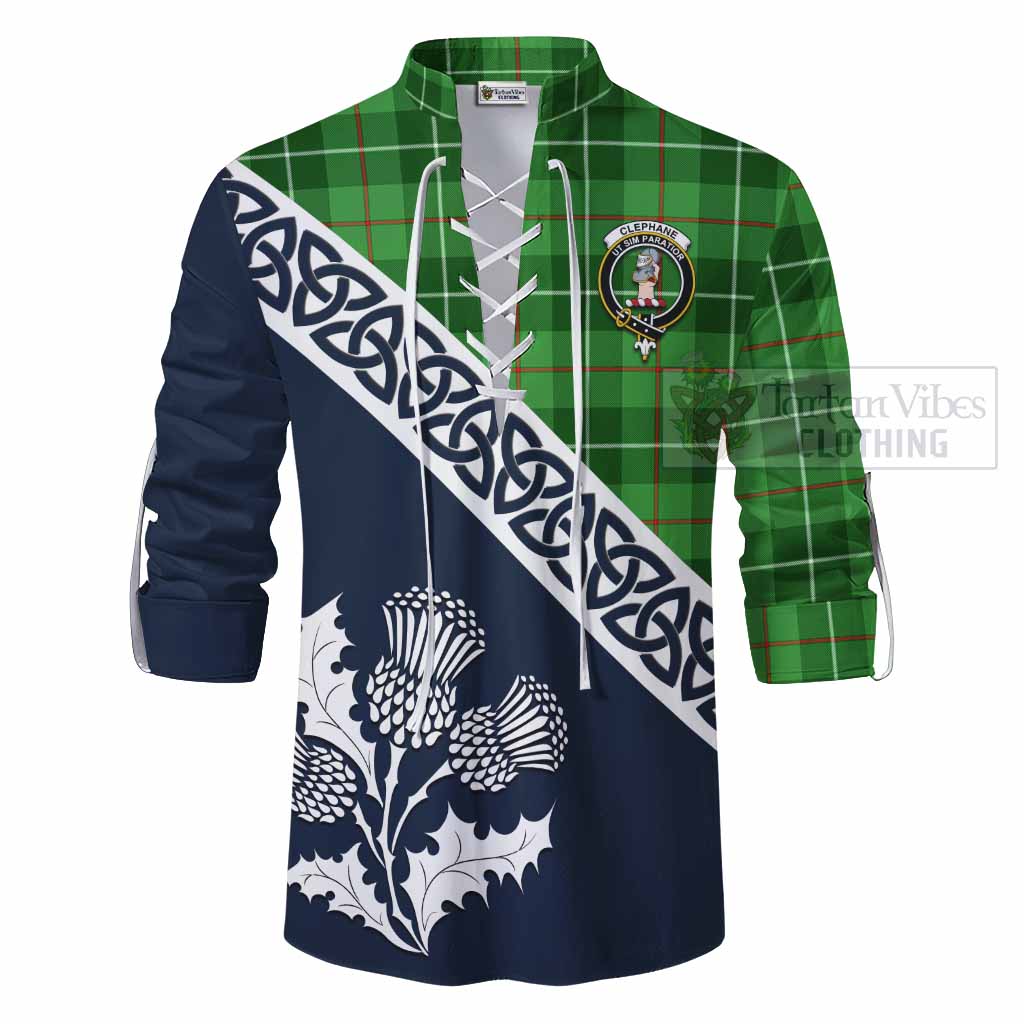 Clephane (Clephan) Tartan Ghillie Kilt Shirt Featuring Thistle and Scotland Map - Tartan Vibes Clothing