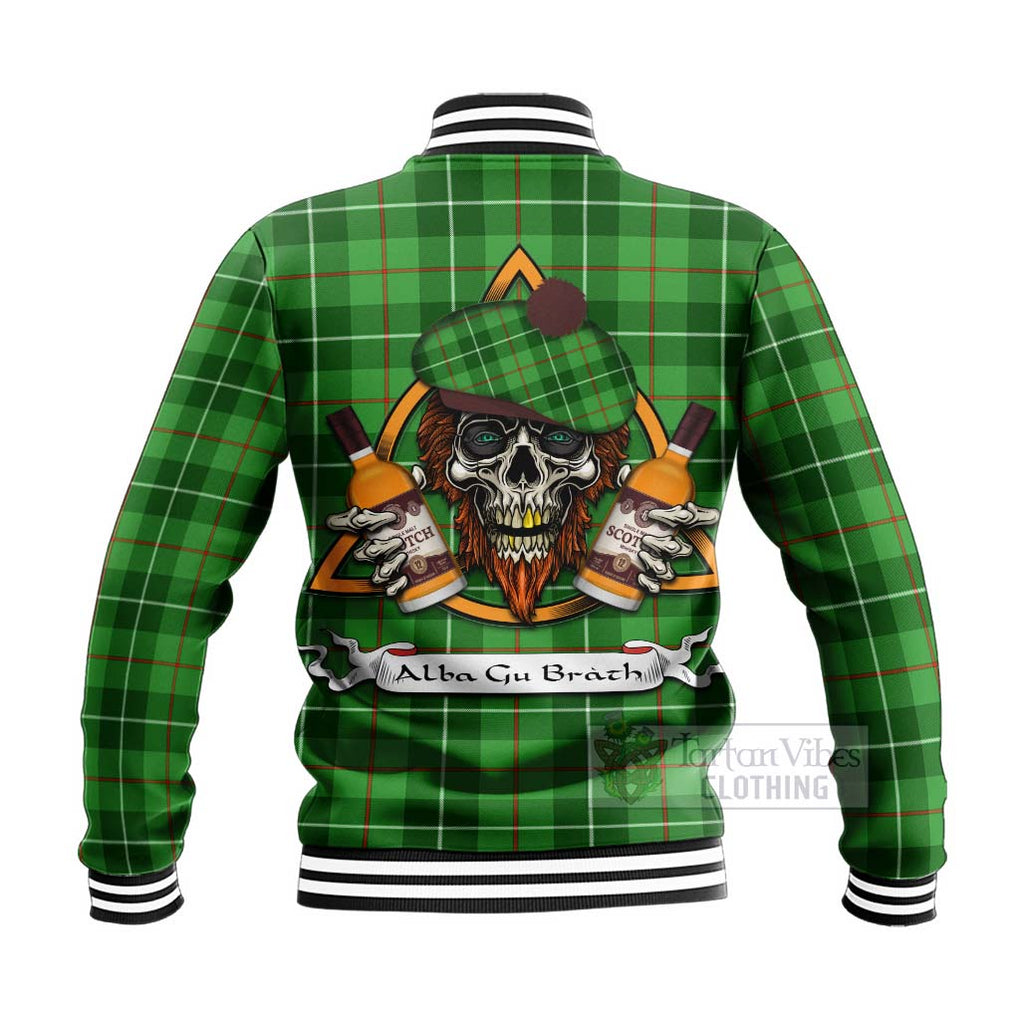 Clephane (Clephan) Tartan Baseball Jacket with Family Crest and Bearded Skull Holding Bottles of Whiskey - Tartan Vibes Clothing