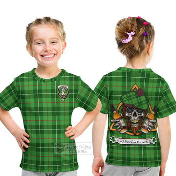 Clephane (Clephan) Tartan Kid T-Shirt with Family Crest and Bearded Skull Holding Bottles of Whiskey - Tartan Vibes Clothing